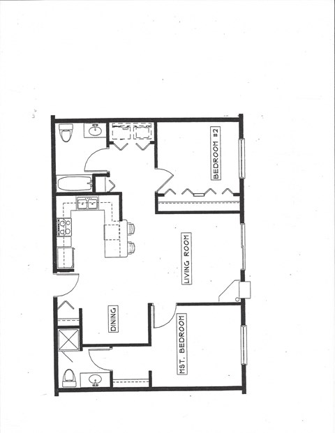 Floor plan for 2 beds, 1.8 baths, 909 sqft